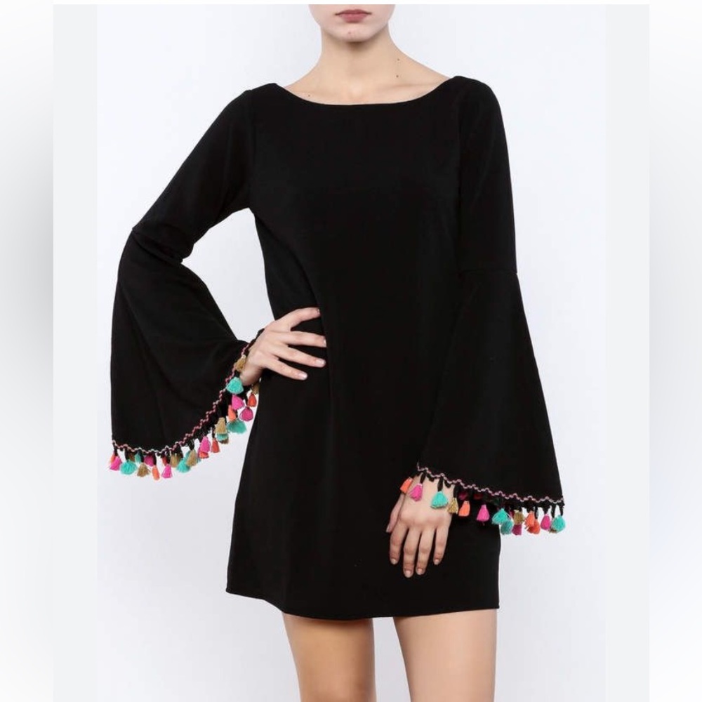 Black Bell-Sleeve Dress with Multicolor Tassel Trim, EUC